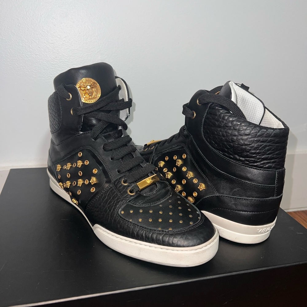 Versace Black and Gold High-Top Sneakers with Studded Design